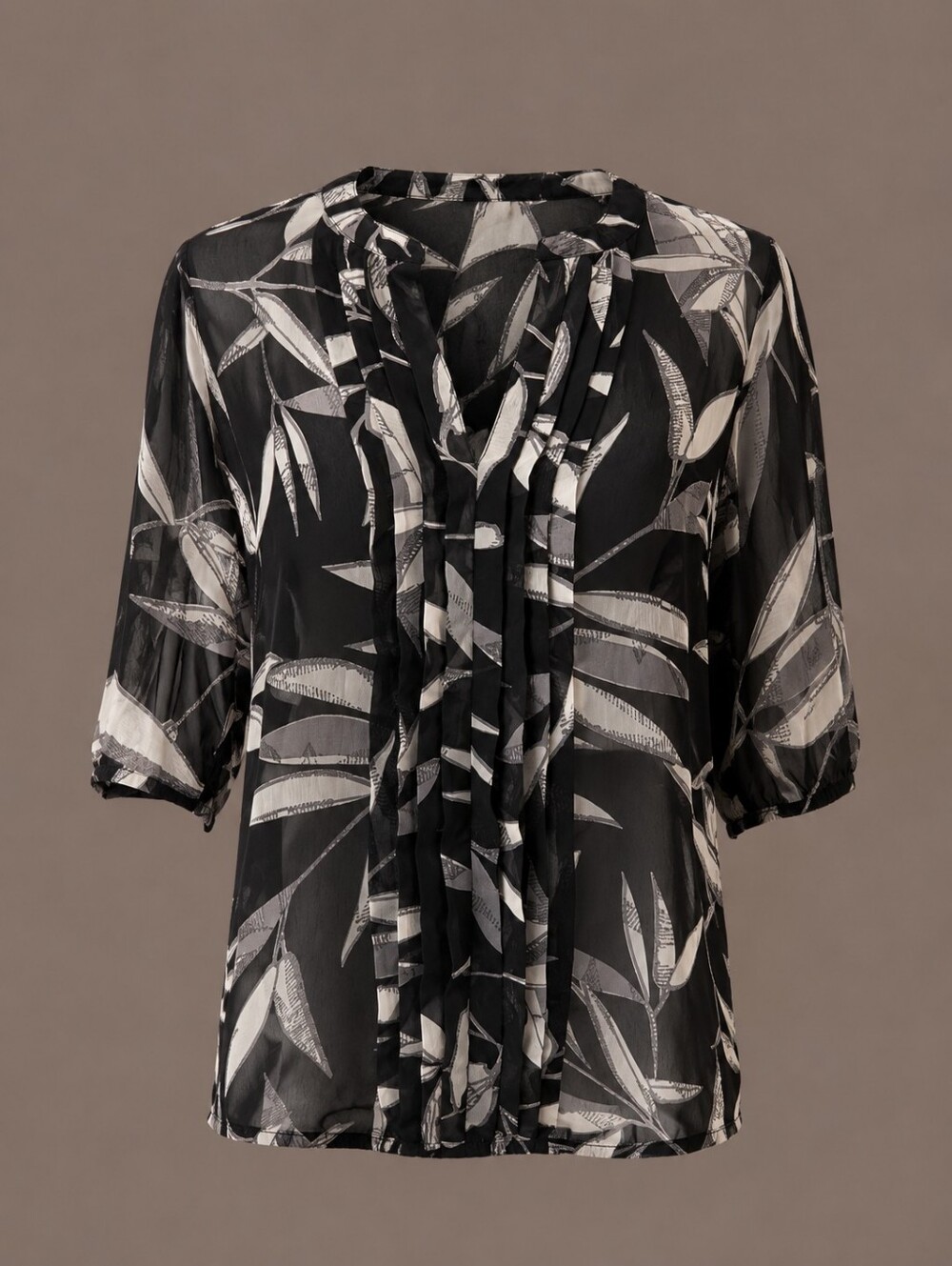 Club Monaco Black Sheer Leaf-Print Ruffle Blouse